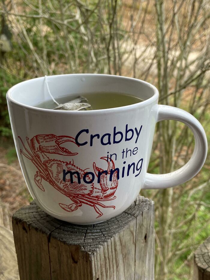 White mug with crab illustration and text crabby in the morning, filled with tea, showcasing mug life creativity outdoors.