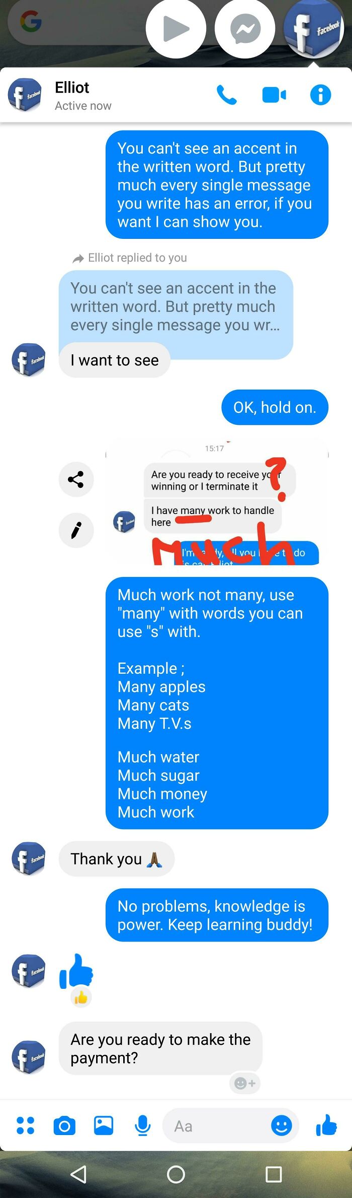 Chat conversation showing a scammer corrected on English grammar before being confronted about payment in scam baiting.