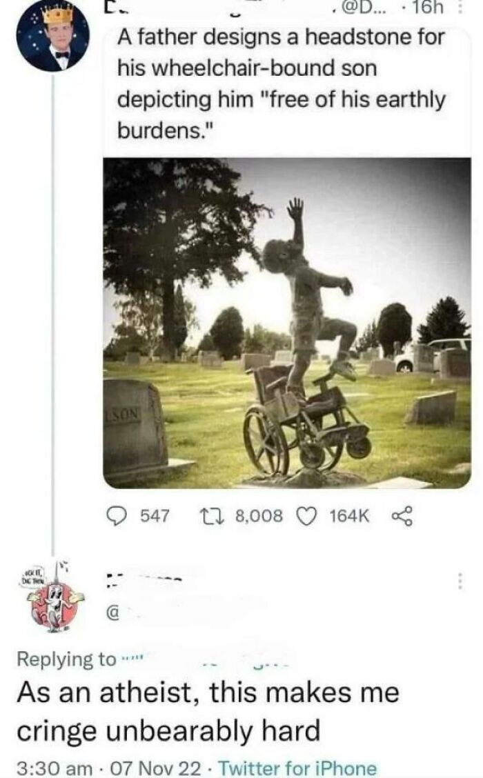 Embarrassing pic of a headstone depicting a boy rising from a wheelchair, causing internet users to cringe.