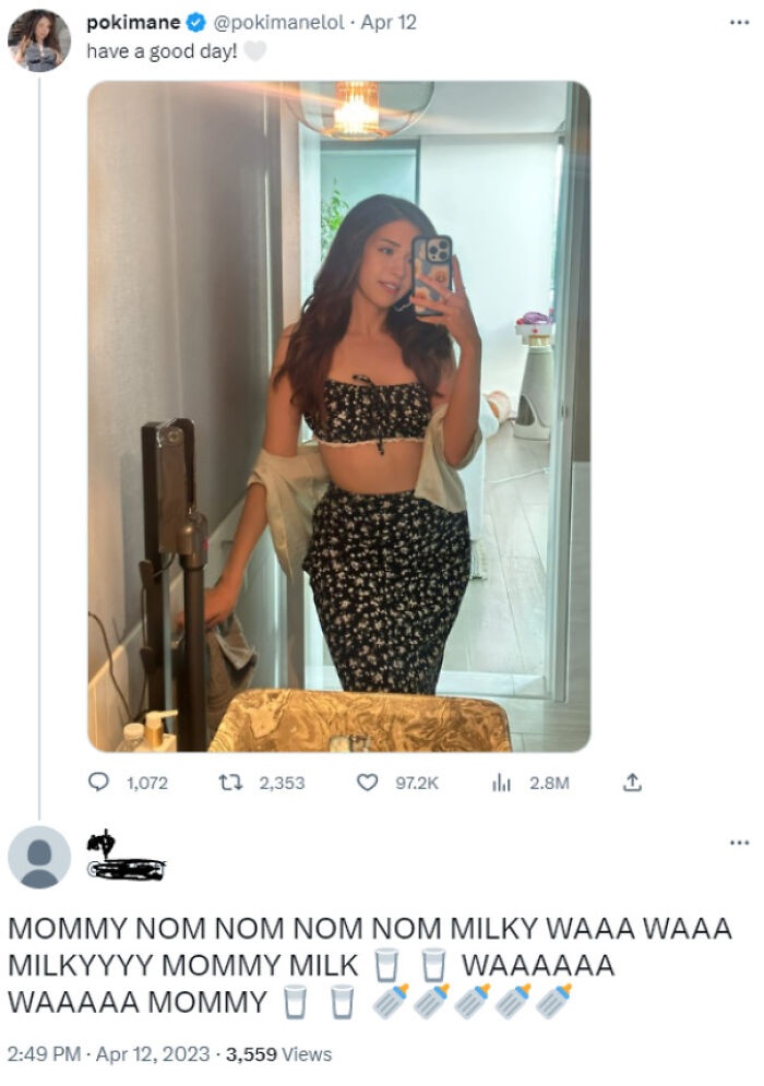 Woman taking a mirror selfie in a stylish outfit, with humorous comment below that went viral.