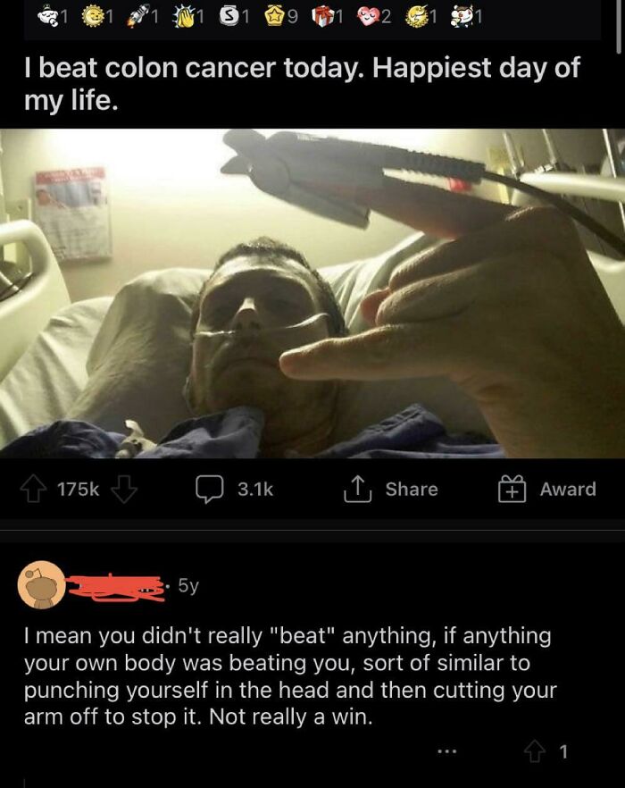 Man in hospital bed celebrating cancer recovery; internet comment questions reality of "beating" illness. Embarrassing moment online.