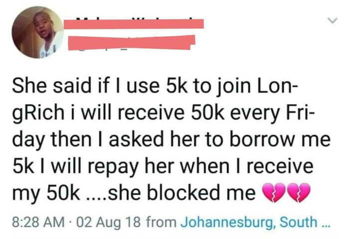 Screenshot of a scam message about investing 5k to get 50k weekly, illustrating scammers getting baited and destroyed.