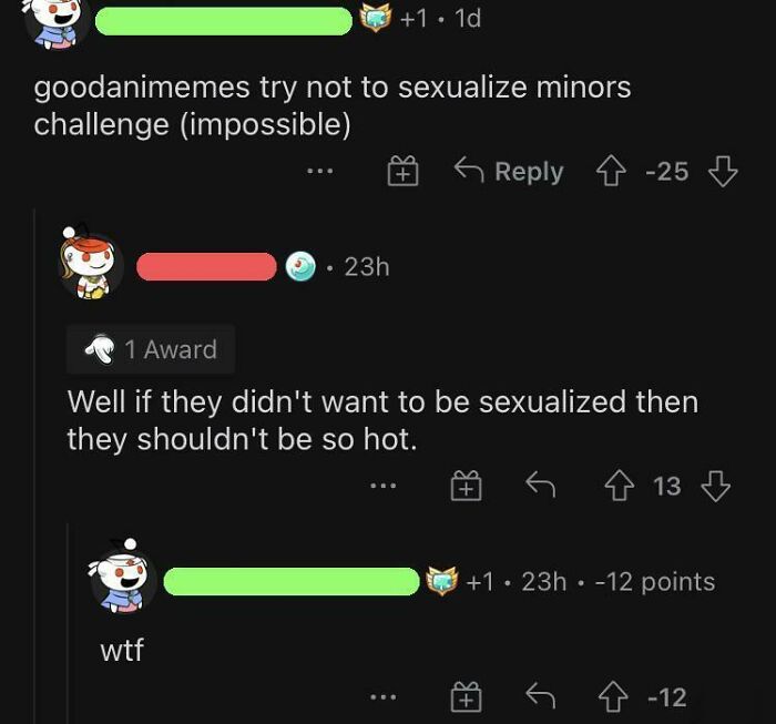 Reddit thread screenshot showing extremely embarrassing comments about anime minors.