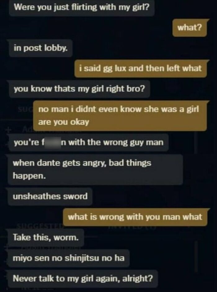 Embarrassing online chat featuring a heated exchange about flirting and bad behavior.