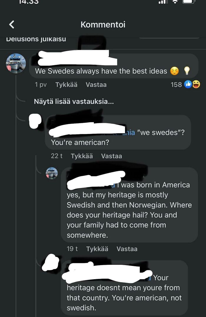Embarrassing conversation about heritage vs. nationality on a social media post.