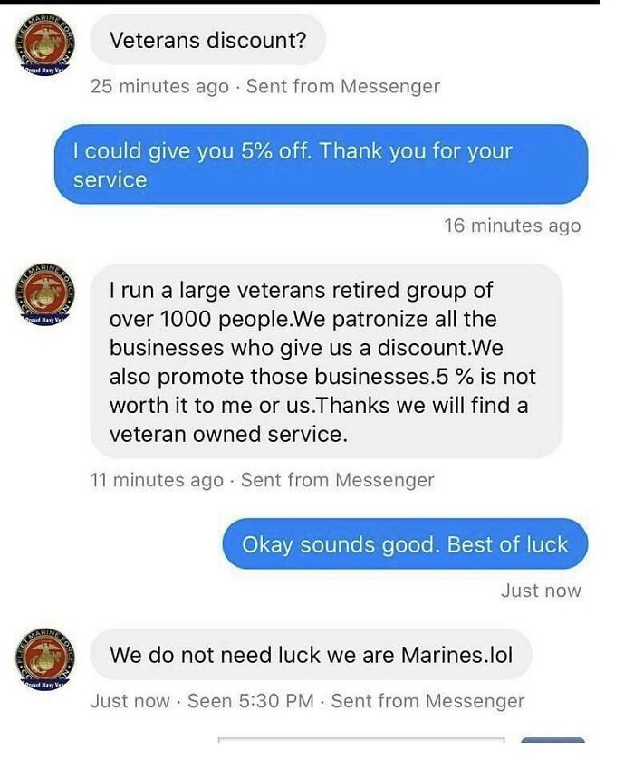 Embarrassing text exchange about veterans discount leading to awkward Marine response.