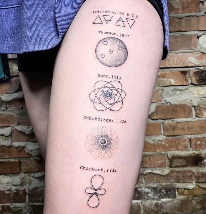 Science tattoos depicting historical models of atomic theory on a person's leg.