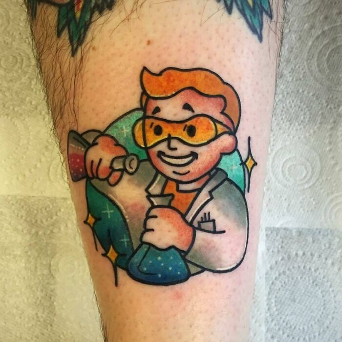 Cartoon scientist tattoo with test tubes, featuring vibrant colors for science enthusiasts.