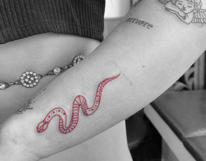Red snake tattoo on forearm with other small designs, showcasing intricate tattoo artistry.