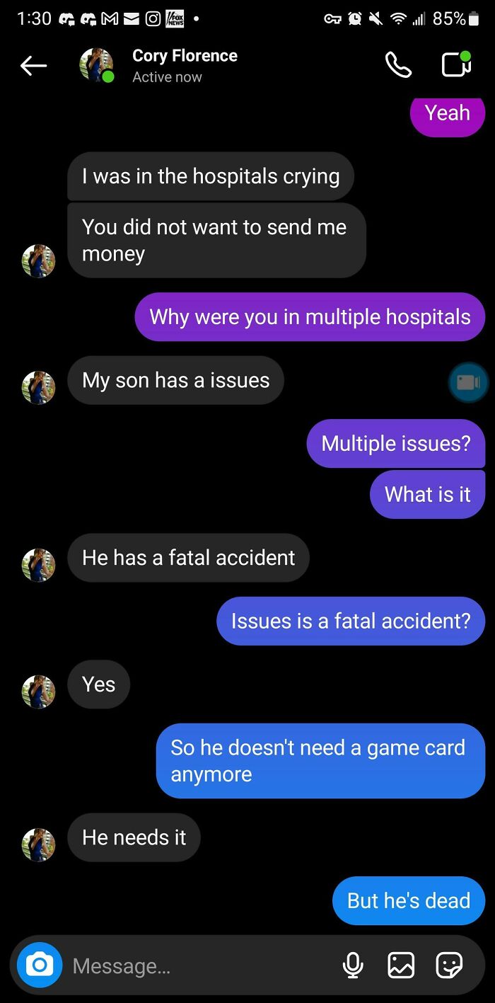 Chat conversation exposing a scammer trying to get money, part of scammers who got baited and destroyed online.