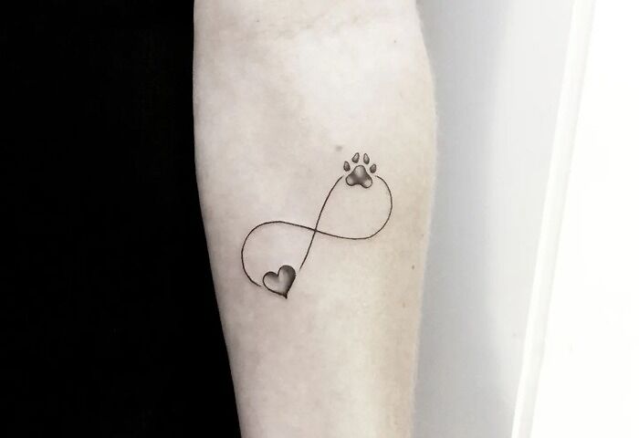 Infinity tattoo with heart and paw prints on forearm, symbolizing eternal creativity and love for pets.