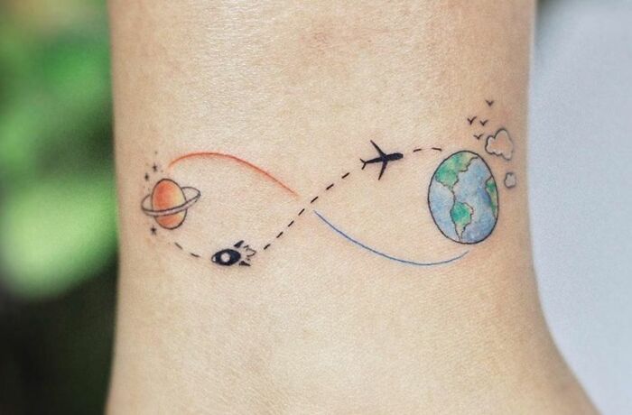 Infinity tattoo with planets, a plane, and an eye symbolizing eternal creativity.