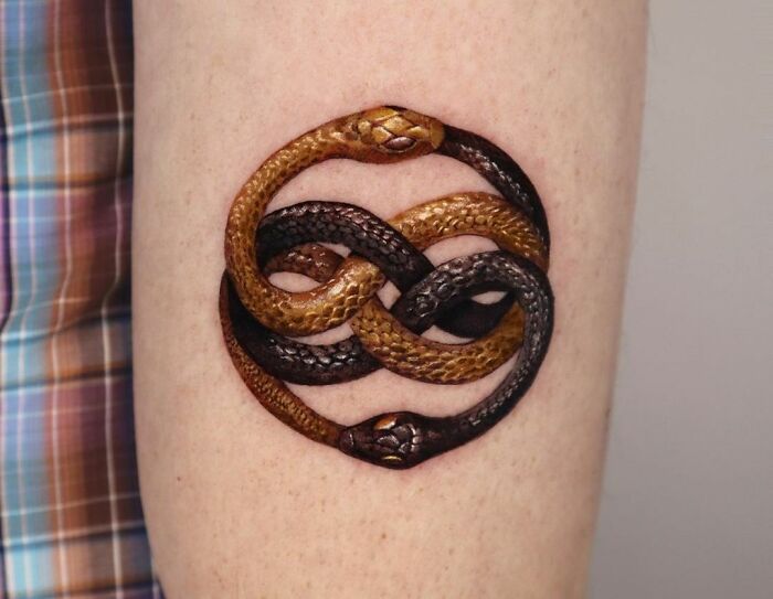Infinity tattoo featuring intricately intertwined snakes, showcasing eternal creativity on arm.