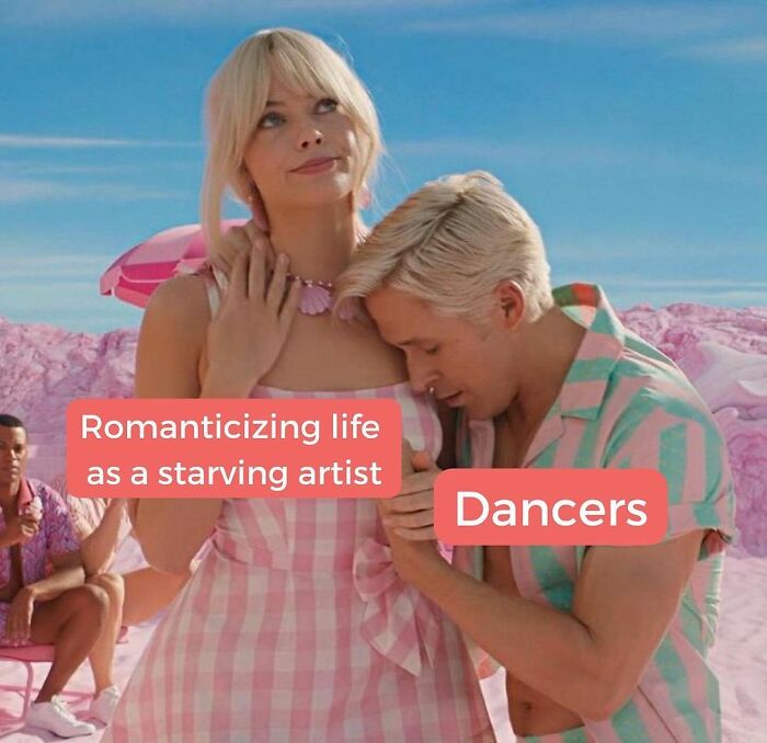 Dancers in a Barbie movie meme, romanticizing life as starving artists, wear pastel pink outfits in a whimsical setting.