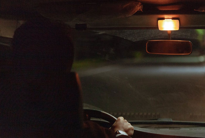 Person driving a car at night with interior light on, illustrating common urban legends and annoying facts myths.