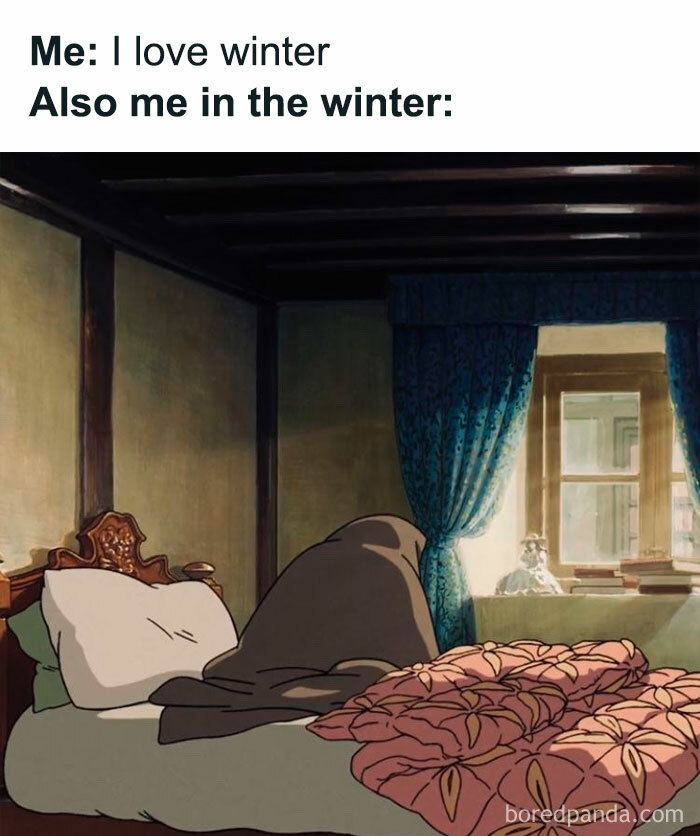 Studio Ghibli meme showing a cozy bed with blankets, illustrating love for winter versus reality.
