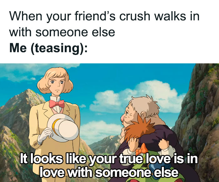 Studio Ghibli meme with characters humorously commenting on a romantic situation.