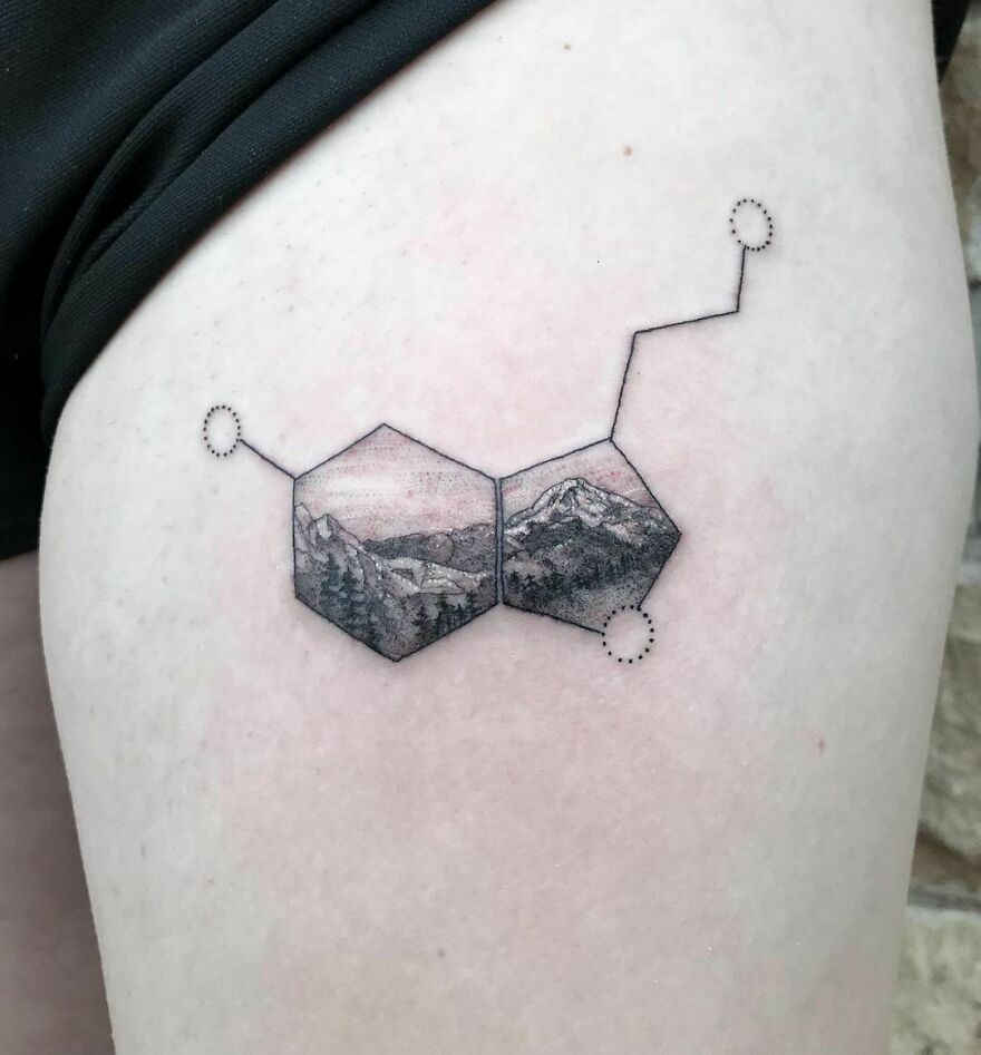 serotonin molecule of a Pacific Northwest mountain scene tattoo