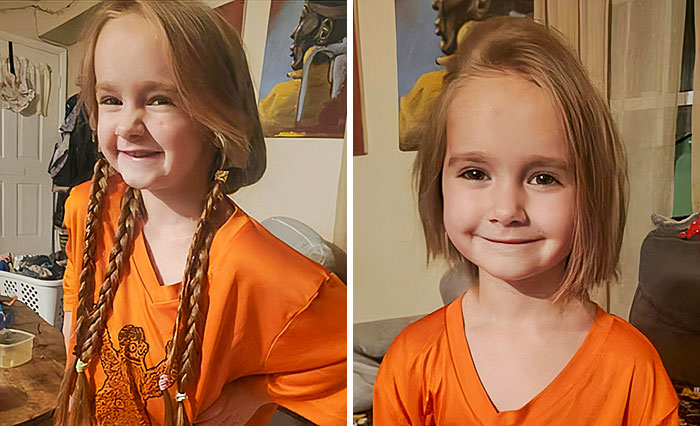 Young girl before and after cutting off her long hair to donate, smiling in an orange shirt indoors.