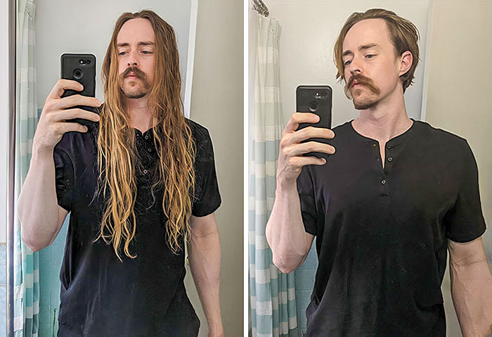 Man taking mirror selfies before and after cutting off his long hair to donate, wearing a black shirt in a bathroom.