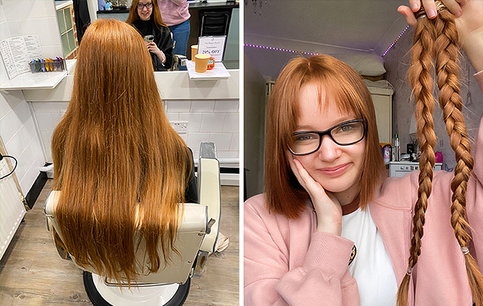 Before and after images of a woman donating her long hair, showing a dramatic haircut and braided hair donations.