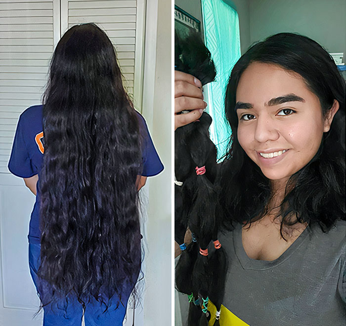 Woman showing before and after photos with long hair cut off for donation, smiling and holding hair bundles.