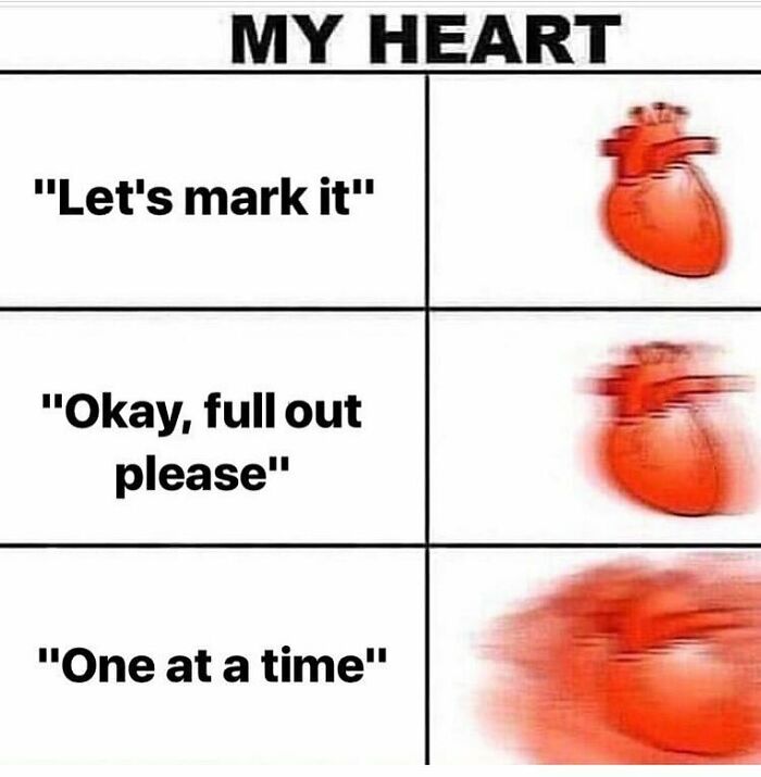 Heart racing meme with three panels, heart image progressively blurring, triggering dance vibes in a funny way.