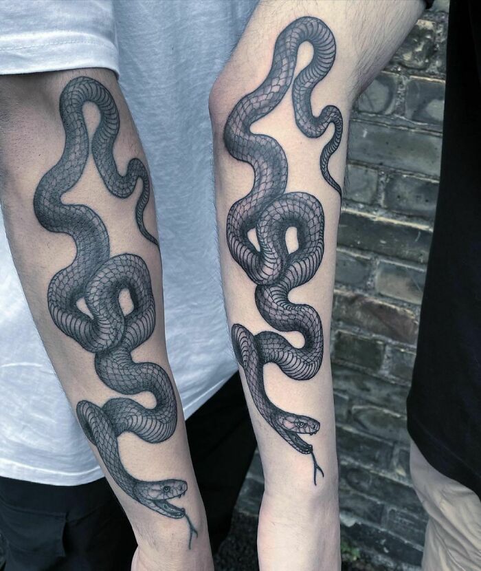 Two forearm snake tattoos featuring intricate designs in black ink.