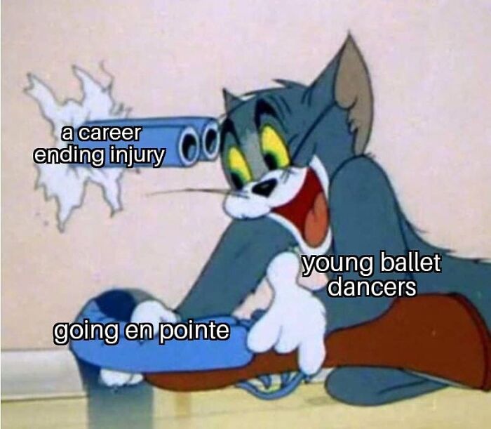 Young ballet dancers going en pointe with career-ending injury threat, dance meme humor.