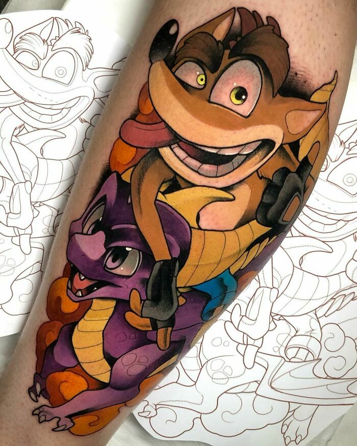 Colorful video game tattoo of a cartoon character with a purple dragon on forearm, showcasing vibrant artwork for gamers.