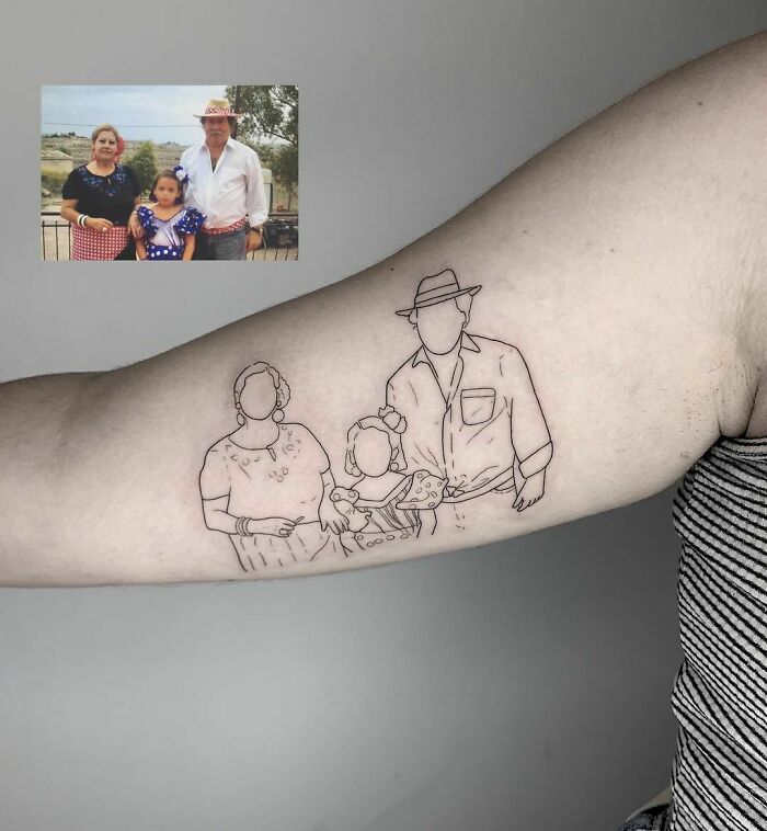 Family memorial tattoo on an arm, inspired by a family photo.