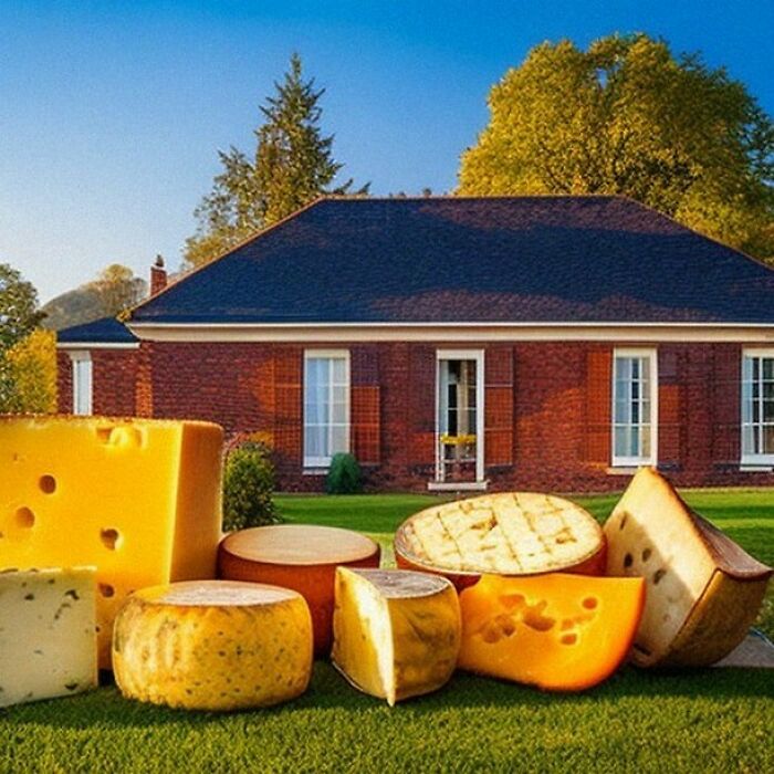 Cheese wheels placed inexplicably in front of a house, showcasing a humorous AI art fail.