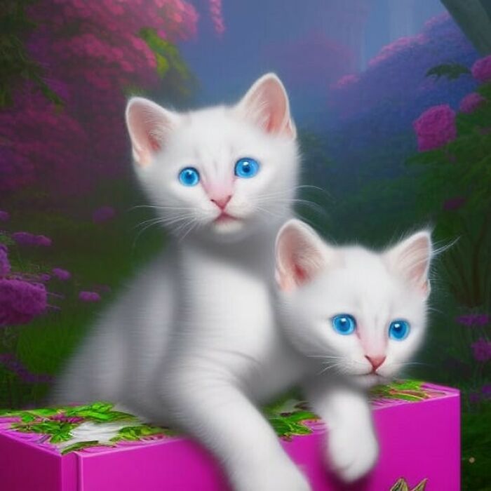 Two white kittens with bright blue eyes, sitting on a pink box, showcasing an AI art fail in a colorful forest background.