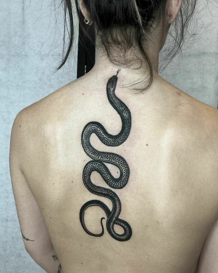 Back with a detailed snake tattoo design, showcasing intricate scales and curves.