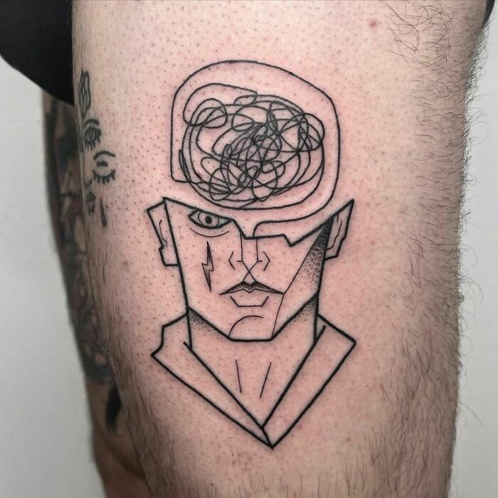 Line art tattoo of a face with an open head, featuring tangled lines symbolizing mental health struggles.