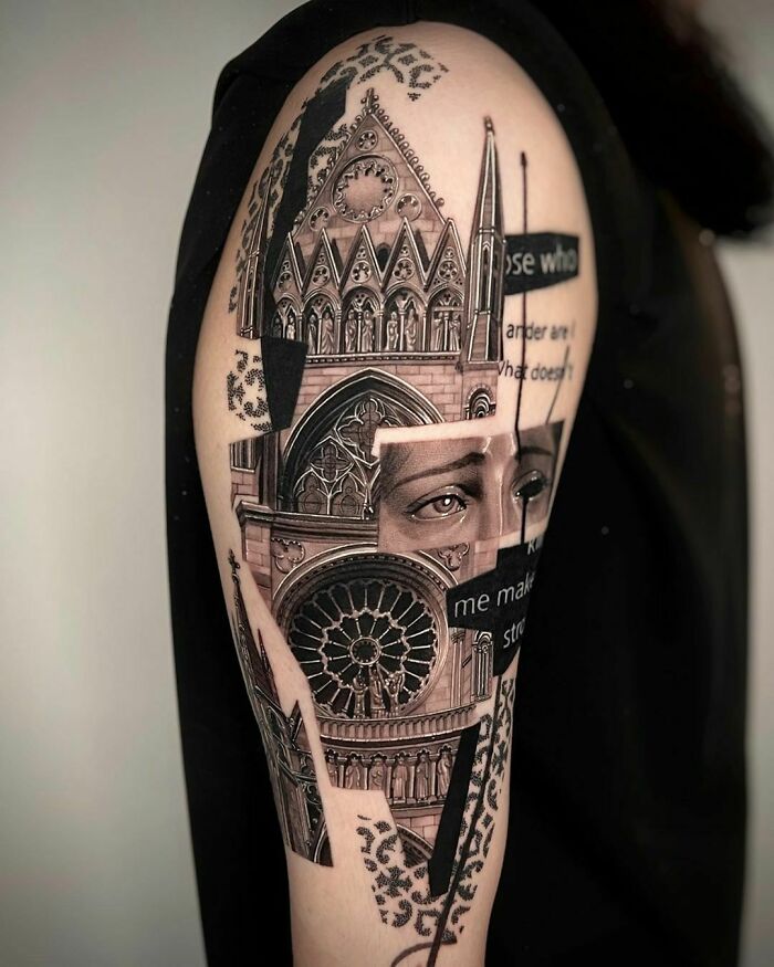 Abstract tattoo on arm blending architectural designs with expressive art elements.