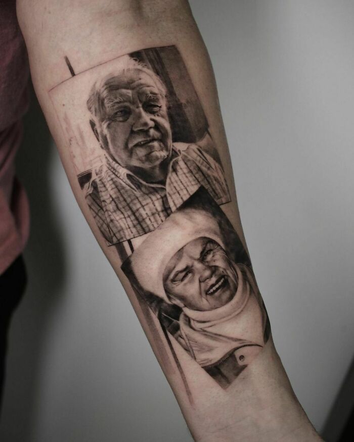 Tattoo honoring family with realistic portraits of an elderly man and woman on a forearm.