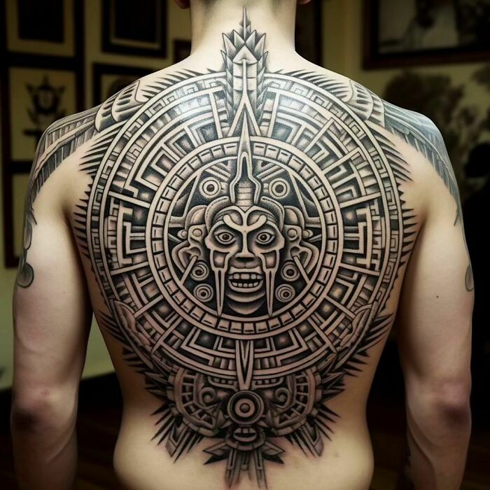 A detailed tribal tattoo design on a person's back, showcasing intricate patterns and bold lines.