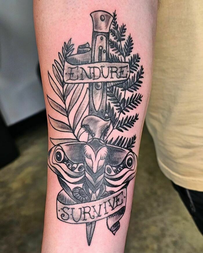 Last Of Us video game tattoo featuring a dagger and moth with "Endure" and "Survive" banners, ideal for hardcore gamers.