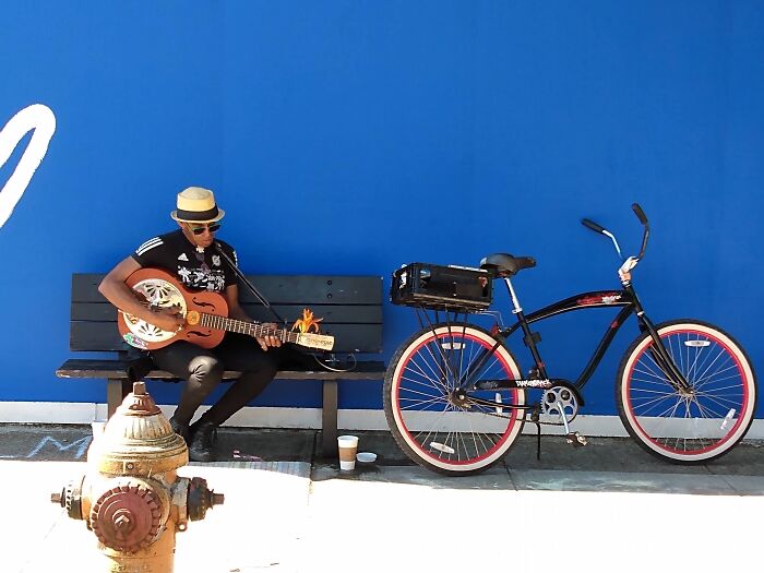 Darryl Playing In Front Of Blue Kangaroo Coffee In Portland Or