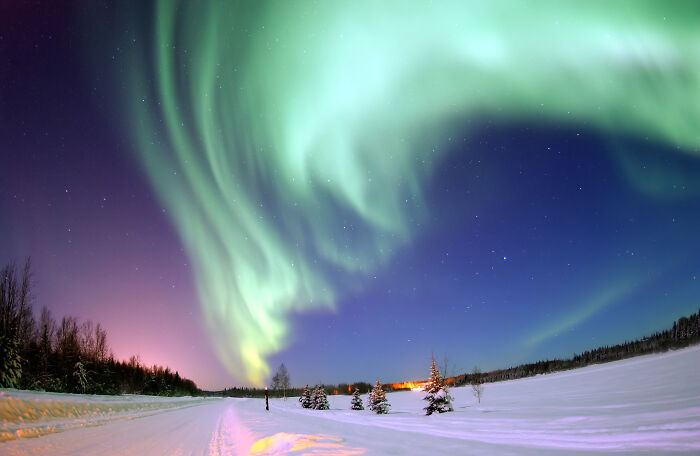Northern lights glowing over snowy landscape with trees under clear starry sky, a top Wikimedia Commons picture.