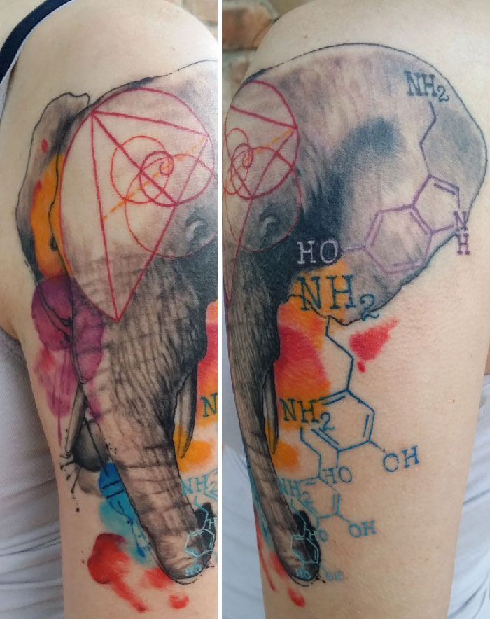 Abstract tattoo with a geometric elephant and molecular structures on an arm, showcasing artistry and self-expression.