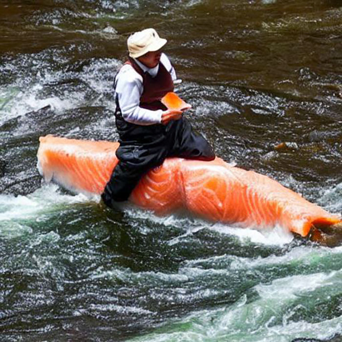 Person riding a giant salmon in a river, showcasing a hilarious AI art fail.