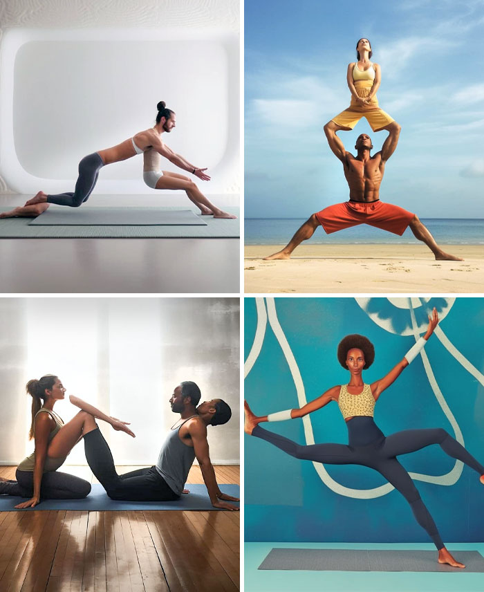 Four amusing AI art fails in yoga poses, showing distorted and hilarious body proportions.