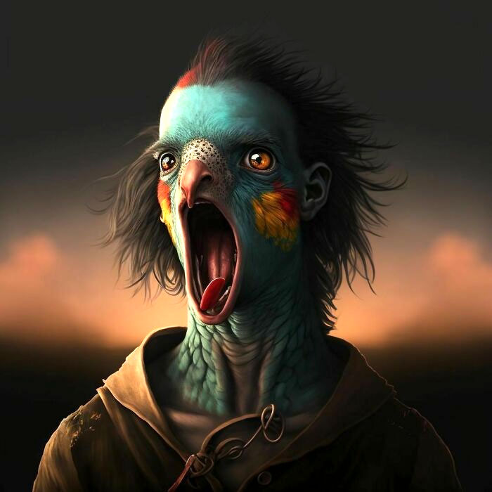 A bizarre AI art fail depicting a humanoid with bird-like features and a wide open mouth against a twilight background.