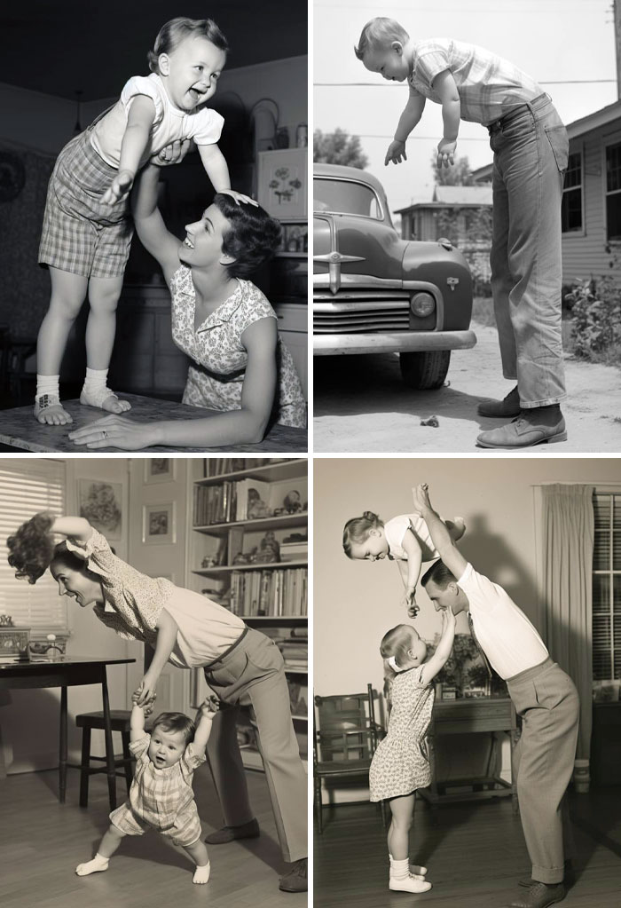 Vintage family photos show playful moments with parents swinging and lifting children, reflecting both humor and joy.