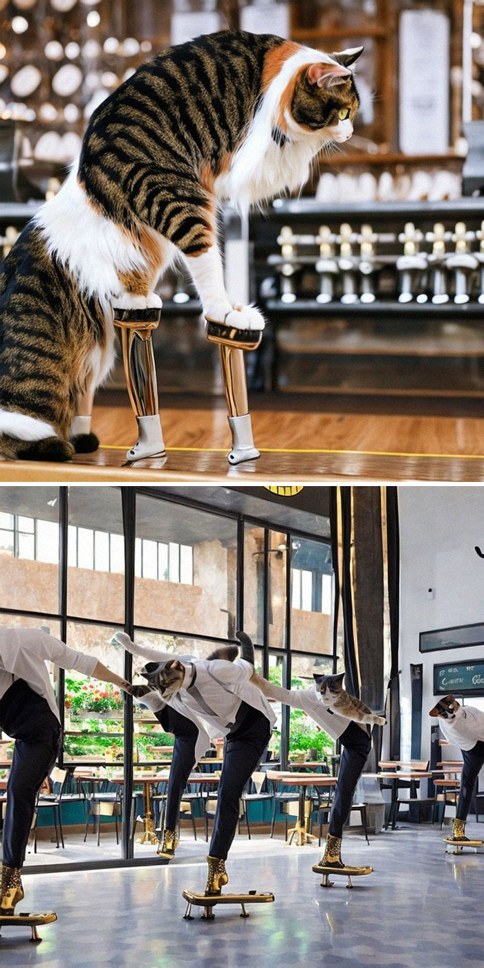 Cat with prosthetic legs in an art fail, and dancers with cat heads in humorous AI-generated scene.