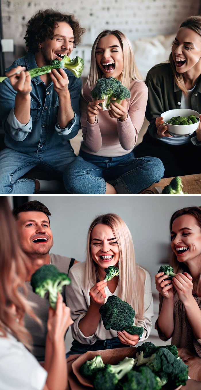 People laughing while holding exaggeratedly large broccoli in a humorous AI art fail.