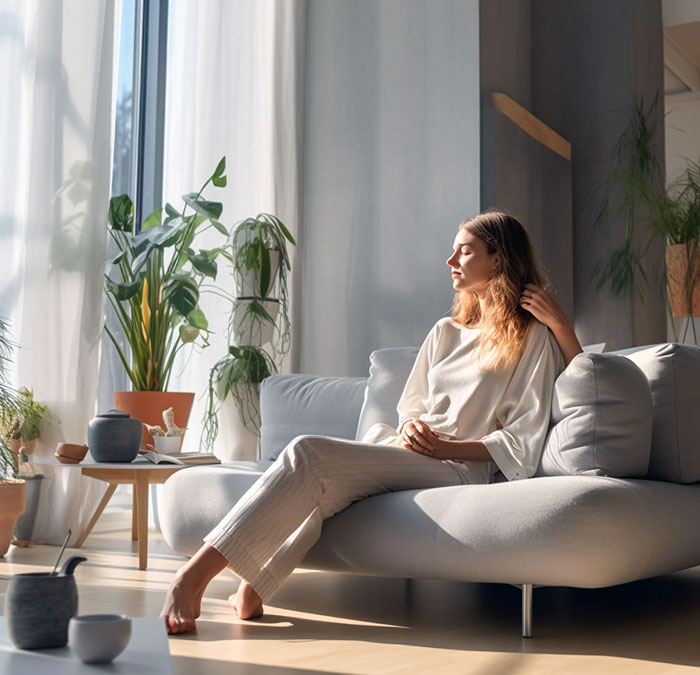 Woman relaxing on a modern sofa in a sunlit room with green plants, showcasing a calm setting.
