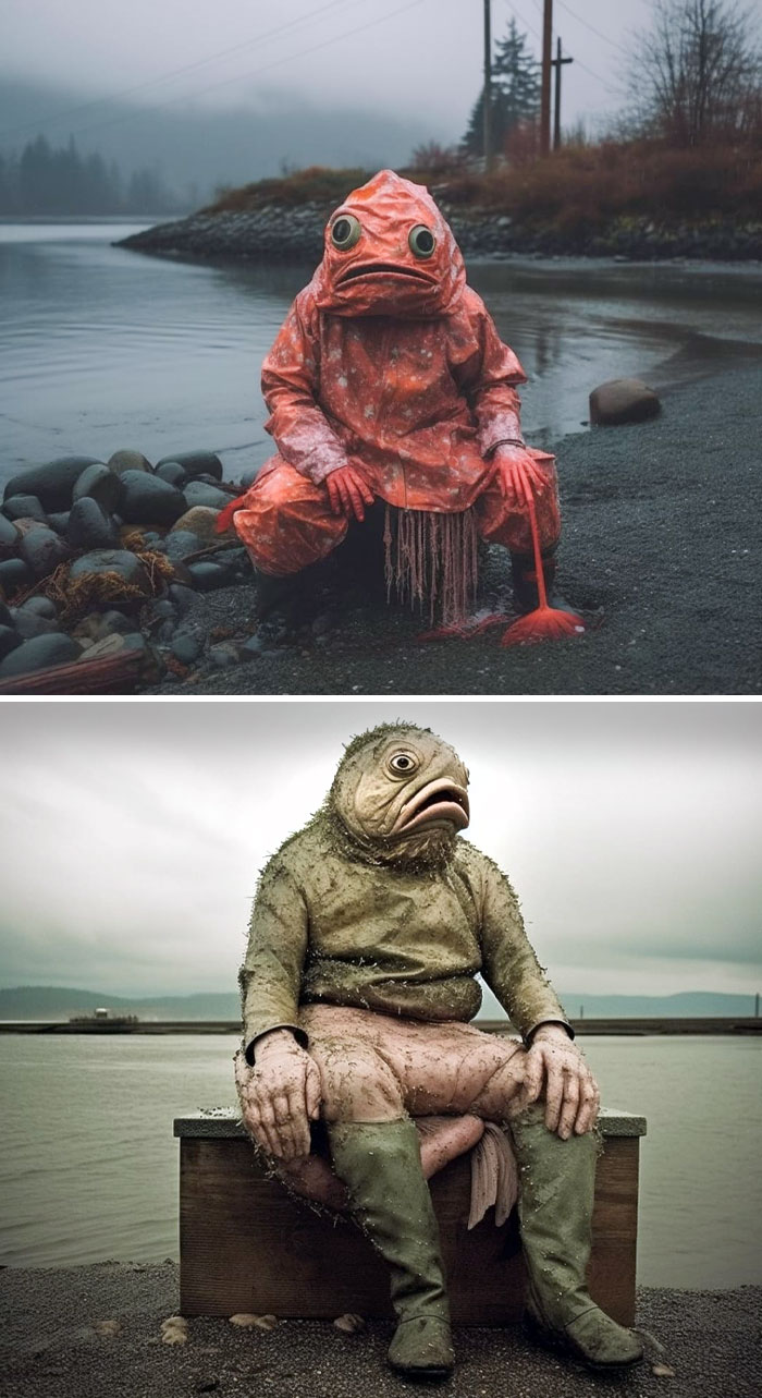 AI art fails depicting bizarre fish-like creatures by the water.